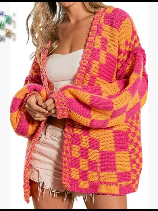 Sweaters - Vintage Plaid Cardigan Sweater Chunky Knit Oversized Boyfriend Style Open Front